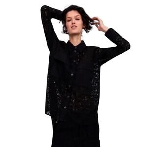 NWT ZARA Women’s Oversized Black Lace Pocket Front High-low Blouse